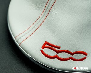 FIAT 500 Gear Shift Boot + Retaining Ring Set- White EcoLeather w/ Red Stitching + 500 Logo